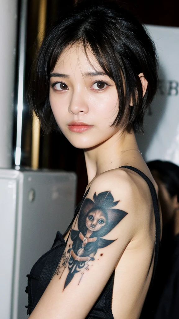 Pixie Short Hair, pale, beautiful, Dark Eye Bags, Tired expression, Tattoo, Dark clothing