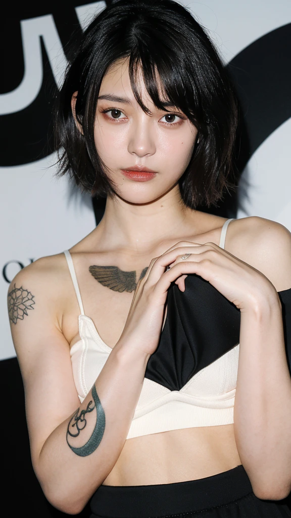 Pixie Short Hair, pale, beautiful, Dark Eye Bags, Tired expression, Tattoo, Dark clothing