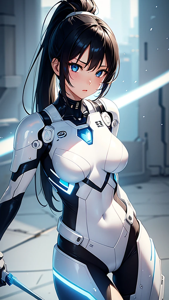 Sexy white cyborg suit、17 years old、beautiful girl、ponytail、Black Hair、fight、blue beam、H Cup