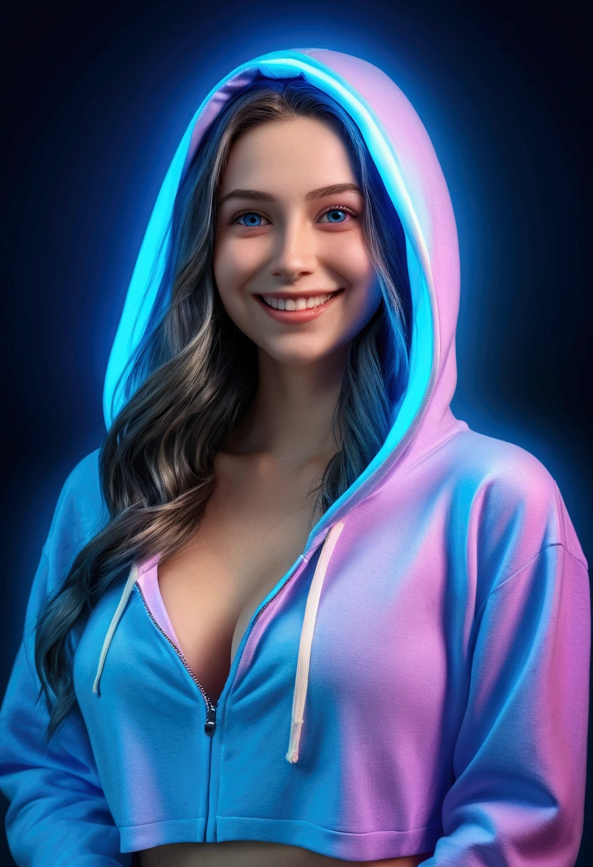 ((masterpiece, highest quality, Highest image quality, High resolution, photorealistic, Raw photo, 8K)), Ultra Wide Angle, girl, (Lower bust:1.4),Large breasts bigger、(ssmile:1.5),Colored inner hair,Long gray hair:1.5,Long unkempt hair:1.35,cabelos preto e longos,Complex hairstyles,(((neon_blue_There are eyes:1.3))),complex eyes,Beautiful and delicate eyes,symetric eye)),(spider lower abdomen,Willow waist,Wide hips,athletic body build,inflatable legs,Detailed body), Cute big breasts,'s,((((cropped hoodie,)))), (dynamicposes:1.0),Just focus,Embarrassing,(Located in the center,Scale to fit the dimensions,the rule of thirds), Neon lights are particularly eye-catching, very bright neon light,during night, star night, kosmos, artsy photography,(Photos taken by sldr),A high resolution, Focus sharp, (realistic artwork:1.37),(extremely detaild's CG unified 8k wallpapers),((Synthetic wave background theme)),(((vibrant with colors))),iintricate,(intricate background),(tmasterpiece),(Best quality at best),It's a perfect face,Perfect facial detail,Realistic face,Live photos,analogue style,((Complicated details)),(((actual))),