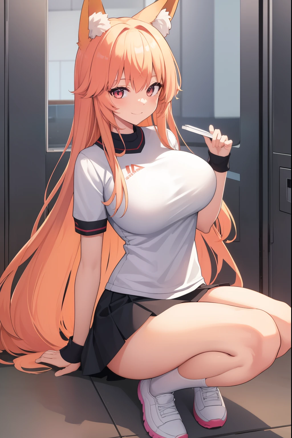 animal earsの綿毛, animal ears, fox ears, fox girl, Fox cola, Golden hair, cola, ((big breasts:1.1)),WHITE TENNIS, white miniskirt,pink panties,  big breasts, condescending smile, locker room, Sunset, looking at the viewer,
looking at the viewer, of the highest quality, High resolution, unity wallpaper 8k, perfect lighting