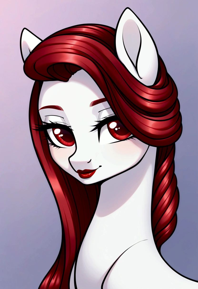 (My little pony), long red hair, modest cut, white body, red eyes, red lips, perfect lines, beautiful quality