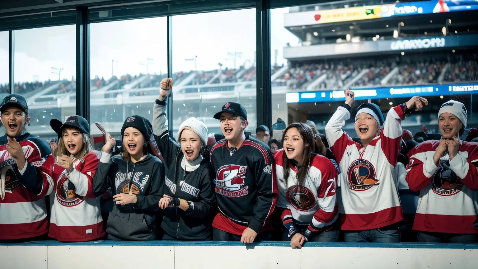 Happy hockey fans cheering and celebrating at the stadium behind the glass wall