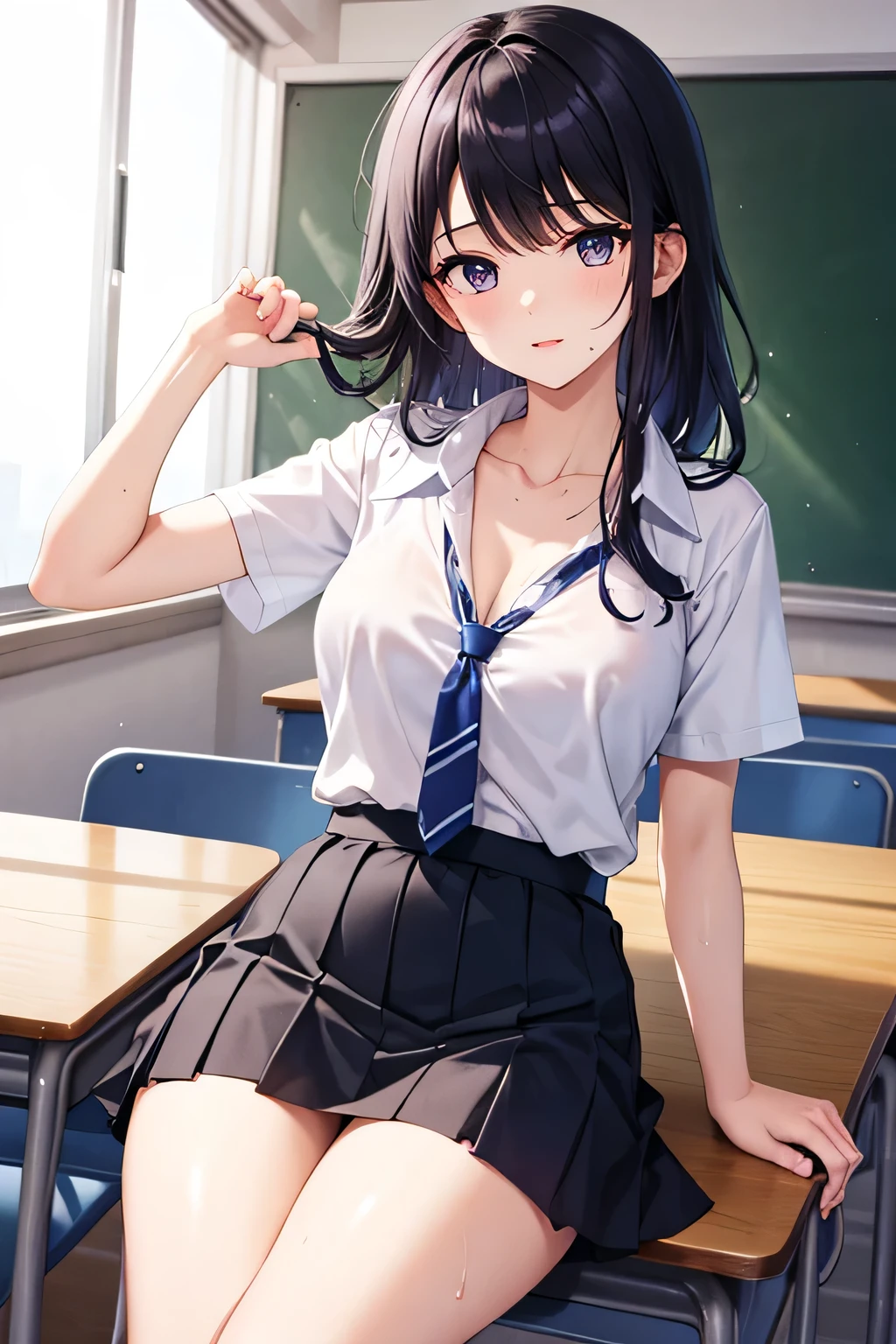 middle School girls、Black Haired Beautiful Girl、Short-sleeved uniform、White blouse、Loosened tie、Collarbone in full view、Drenched in sweat、Navy Skirt、Sexy thighs、Black socks、School classroom