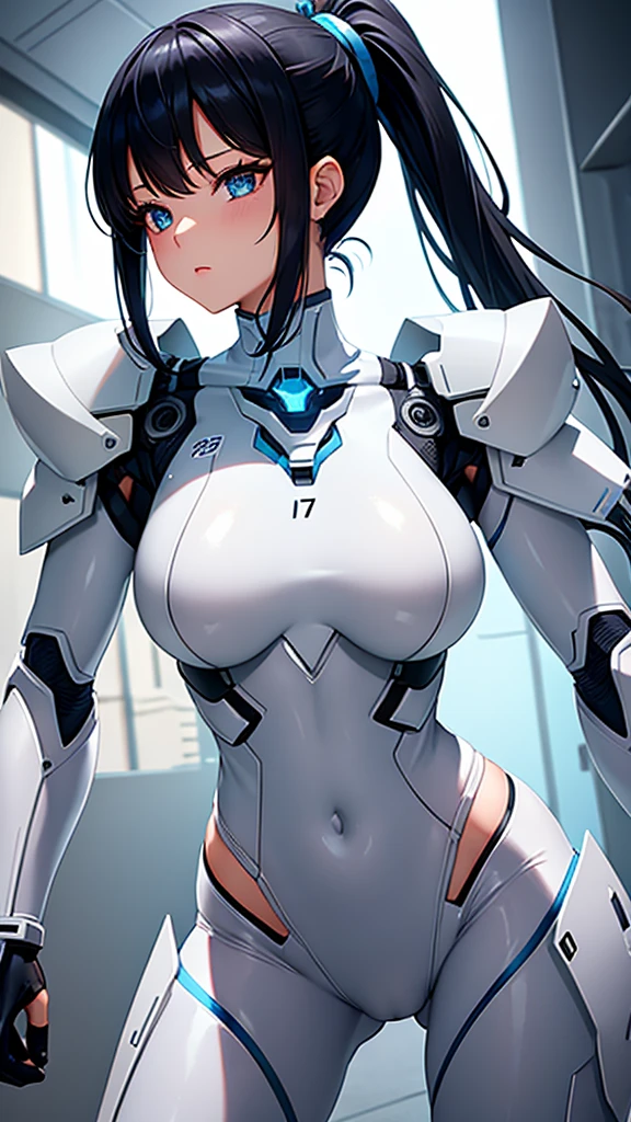 Sexy white cyborg suit、、beautiful girl、ponytail、Black Hair、fight、blue beam、H Cup