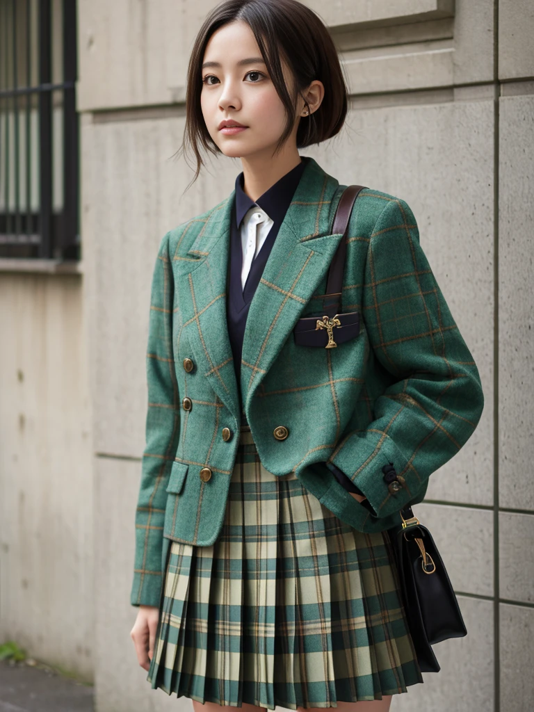 moss greencolor blazer style ,knee length pleated skirt,tartan check skirt,背が低い、