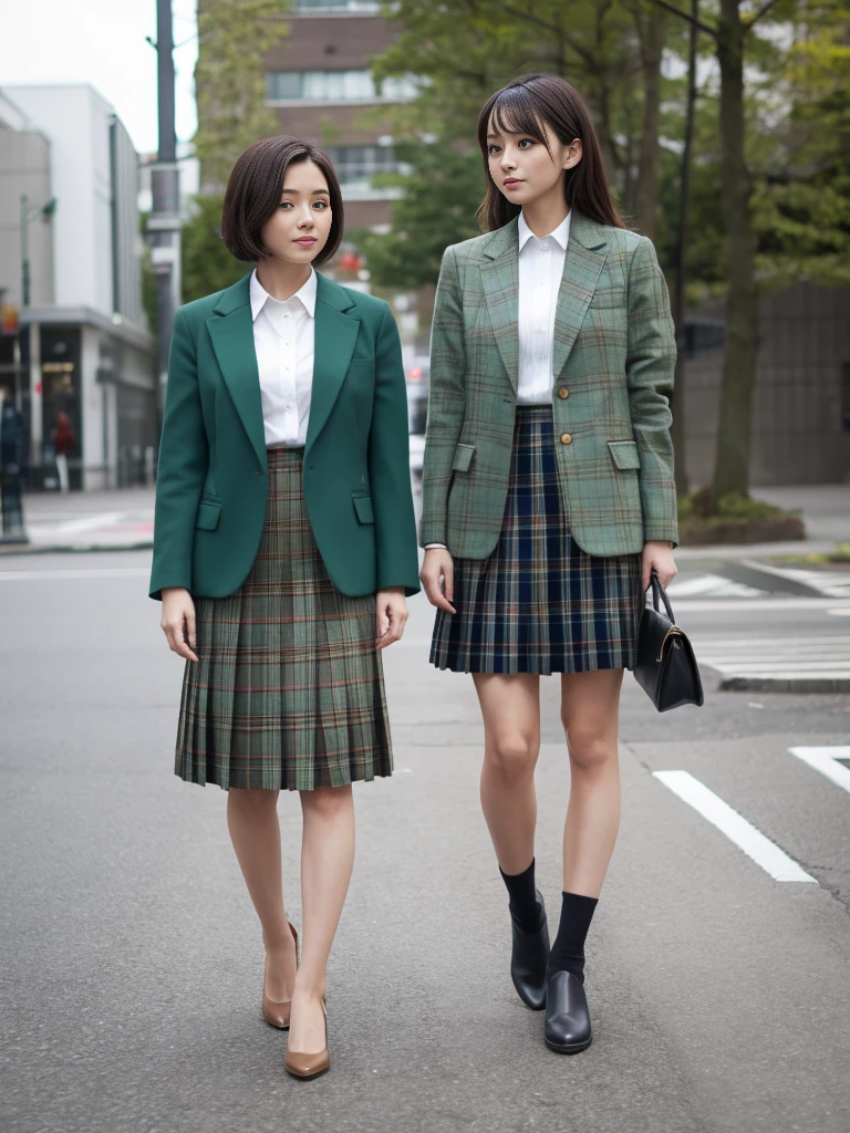 moss greencolor blazer style ,knee length pleated skirt,tartan check skirt,背が低い、