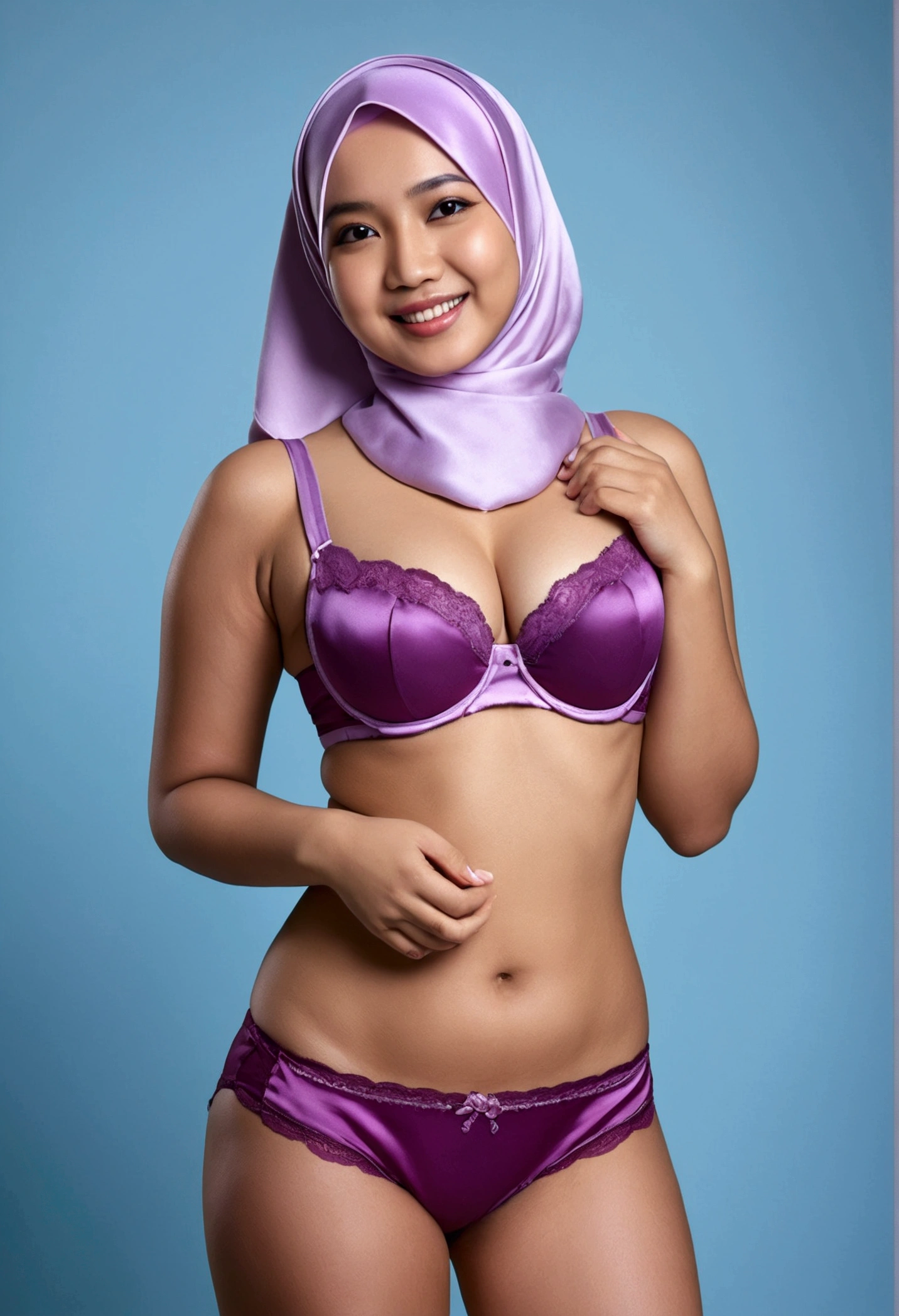 Malay girl in hijab wearing sexy purple color satin bra and panties portrait photography, mid shot photo, ultra detail, professional photograph with professional lighting, smile, light blue studio background, sexy seducing pose, curvy, (((naked))(