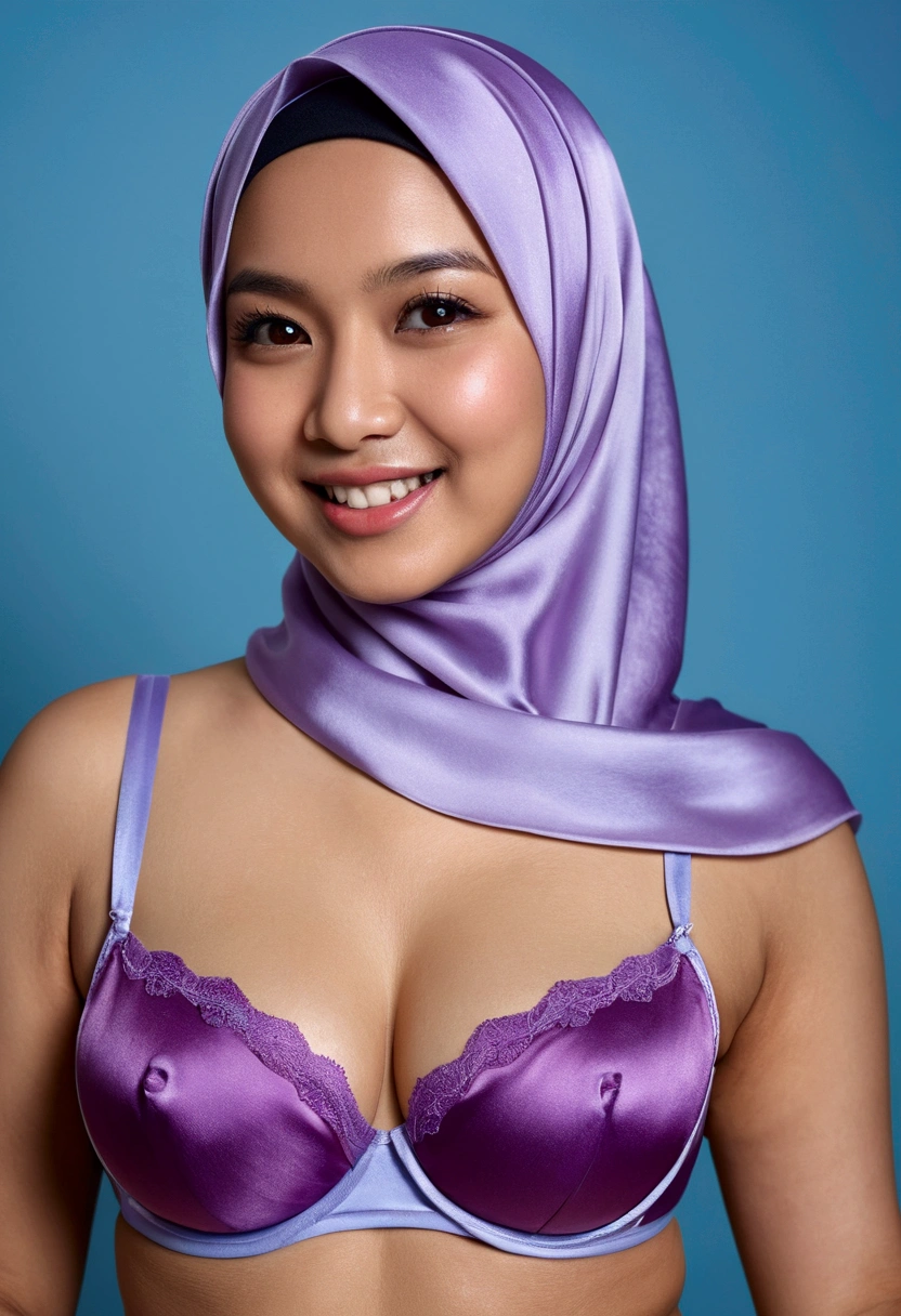 Malay girl in hijab wearing sexy purple color satin bra and panties portrait photography, mid shot photo, ultra detail, professional photograph with professional lighting, smile, light blue studio background, sexy seducing pose, curvy, (((naked))(