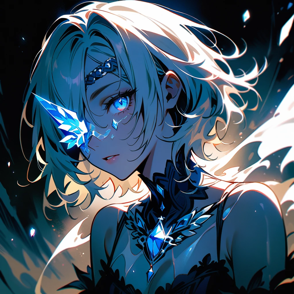 (masterpiece, best quality:1.2), 1girl, solo, Zoe, Re7 End of Zoe, porcelain skin, ivory hair, crystalline formations on skin, crystal over eye, white gemstones, monochrome, ethereal, angelic, serene expression, dramatic lighting, cinematic, chiaroscuro, detailed facial features, delicate features, translucent skin, glowing crystals