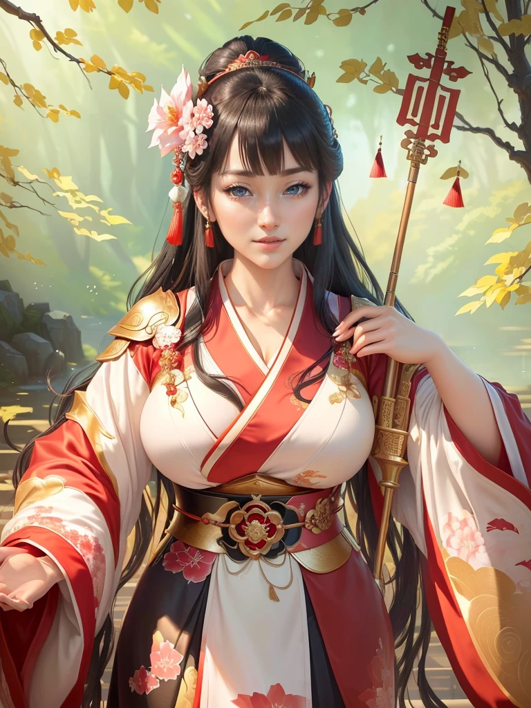 a woman in a kimono outfit playing a cello, a beautiful fantasy empress, japanese goddess, ancient chinese goddess, ancient chinese princess, inspired by Lan Ying, a beautiful fantasy empress, beautiful character painting, inspired by Du Qiong, inspired by Qiu Ying, inspired by Ju Lian, onmyoji portrait, she is holding a long staff, , Highly detailed CG unit 8k wallpaper, masterpiece, High resolution, highest quality, highest quality real texture skin, Super Real, Digital Painting, Best image quality, 最High resolution, 8k, (((Highly detailed eyes and face, Beautiful eyes every detail))), disproportionate breasts, huge breasts, sagging breasts, gigantic breasts, clevage, black hair, smile, 