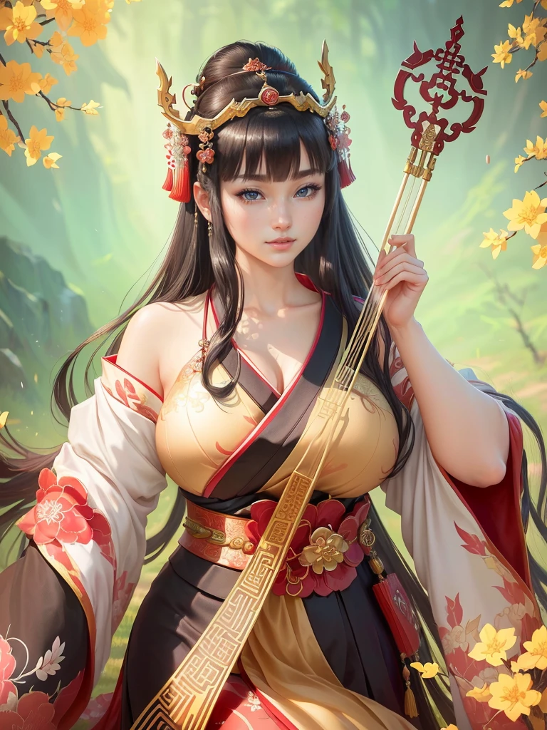 a woman in a kimono outfit playing a cello, a beautiful fantasy empress, japanese goddess, ancient chinese goddess, ancient chinese princess, inspired by Lan Ying, a beautiful fantasy empress, beautiful character painting, inspired by Du Qiong, inspired by Qiu Ying, inspired by Ju Lian, onmyoji portrait, she is holding a long staff, , Highly detailed CG unit 8k wallpaper, masterpiece, High resolution, highest quality, highest quality real texture skin, Super Real, Digital Painting, Best image quality, 最High resolution, 8k, (((Highly detailed eyes and face, Beautiful eyes every detail))), disproportionate breasts, huge breasts, sagging breasts, gigantic breasts, clevage, black hair, smile, 
