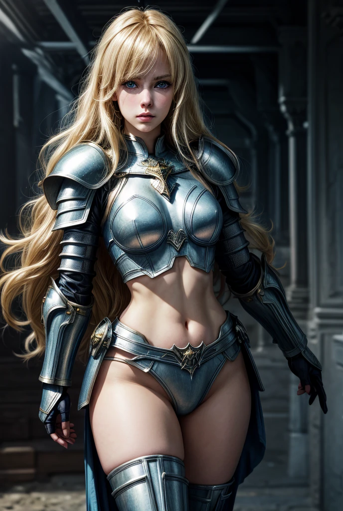 1girl, solo, masterpiece, high quality, full length, paladin, fantasy, blonde hair, medieval armour, angelic, blue eyes, midriff, thighs, 