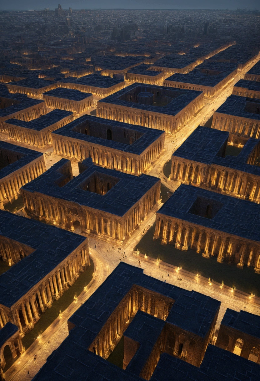 Create a labyrinthine city with
 High walls that transform the winding streets intertwine into an intricate architectural pattern
 in a labyrinth of sectors, each with distinct characteristics and isolated from the others by walls or natural barriers.
 (work of art), (extremely complex:1.3), (realistic), detailed, sharp focus, Dramatic, award-winning, cinematic lighting, octane engine render unreal, volumetric dtx, night,