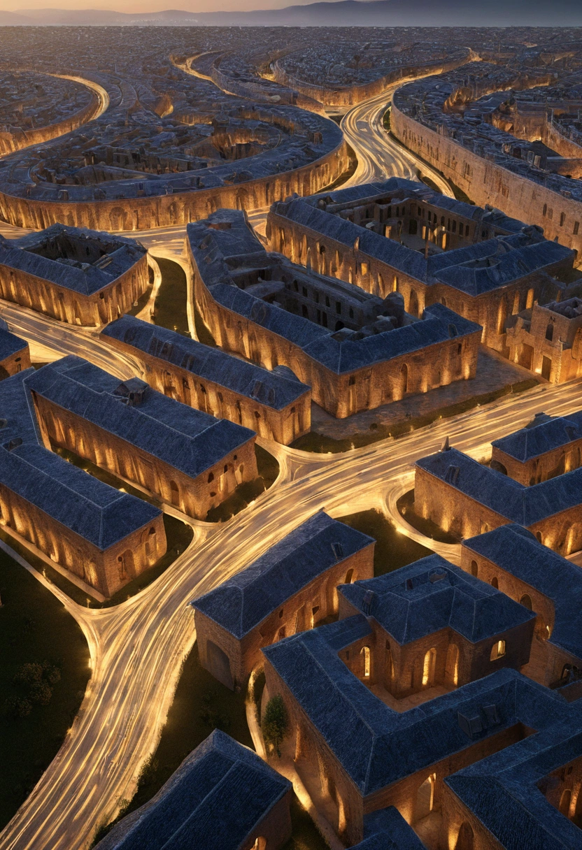 Create a labyrinthine city with
High walls that transform the winding streets intertwine into an intricate architectural pattern
in a labyrinth of sectors, each with distinct characteristics and isolated from the others by walls or natural barriers.
(work of art), (extremely complex:1.3), (realistic), detailed, sharp focus, Dramatic, award-winning, cinematic lighting, octane engine render unreal, volumetric dtx, night,