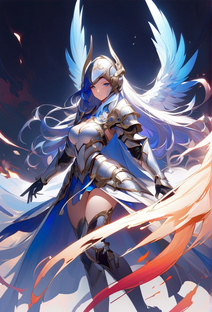 1fille, armure, tout le corps, long cheveux, détachées, noirs, yeux détaillés, bleu, bottes, casque, prisme, blanc, haute résolution, sang, flamme, magnifique, grandiose