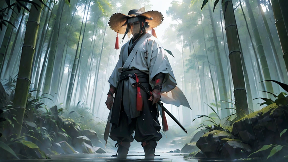 (best qualityer, 4K, high resolution, work of art:1.2), ultra detali, (realisitic, photorealisitic, photo-realisitic:1.37), a man dressed as a samurai stands in the rain, Wearing a bamboo hat (fail) in his head. It is surrounded by a dense forest, alive with the sounds of nature. It&#39;s a moonlit night, and the darkness adds to the mysterious atmosphere. The man is wearing a black kimono with neon red stripes that glow in the darkness, making him stand out in the scene. Sua espada (katana) is unsheathed, ready to act in the face of imminent disasters.