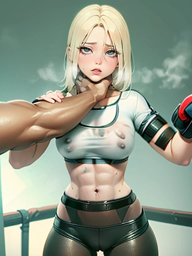 ((viewer chokes mature female boxer girl)), 1st person view, sexy lips, sports bra, ((boxing gloves ,sweat all over the body,(An enthusiastic look),steam,((two womens)),in crotch, eyes rolling,Ripe body,NSFW,female face,standing back, (cum on clothes:1.3), Abs, violence, bruises, wet, oiled skin, asphyxiation, stranging, pov_strangling, leggings, abs, vomiting cum