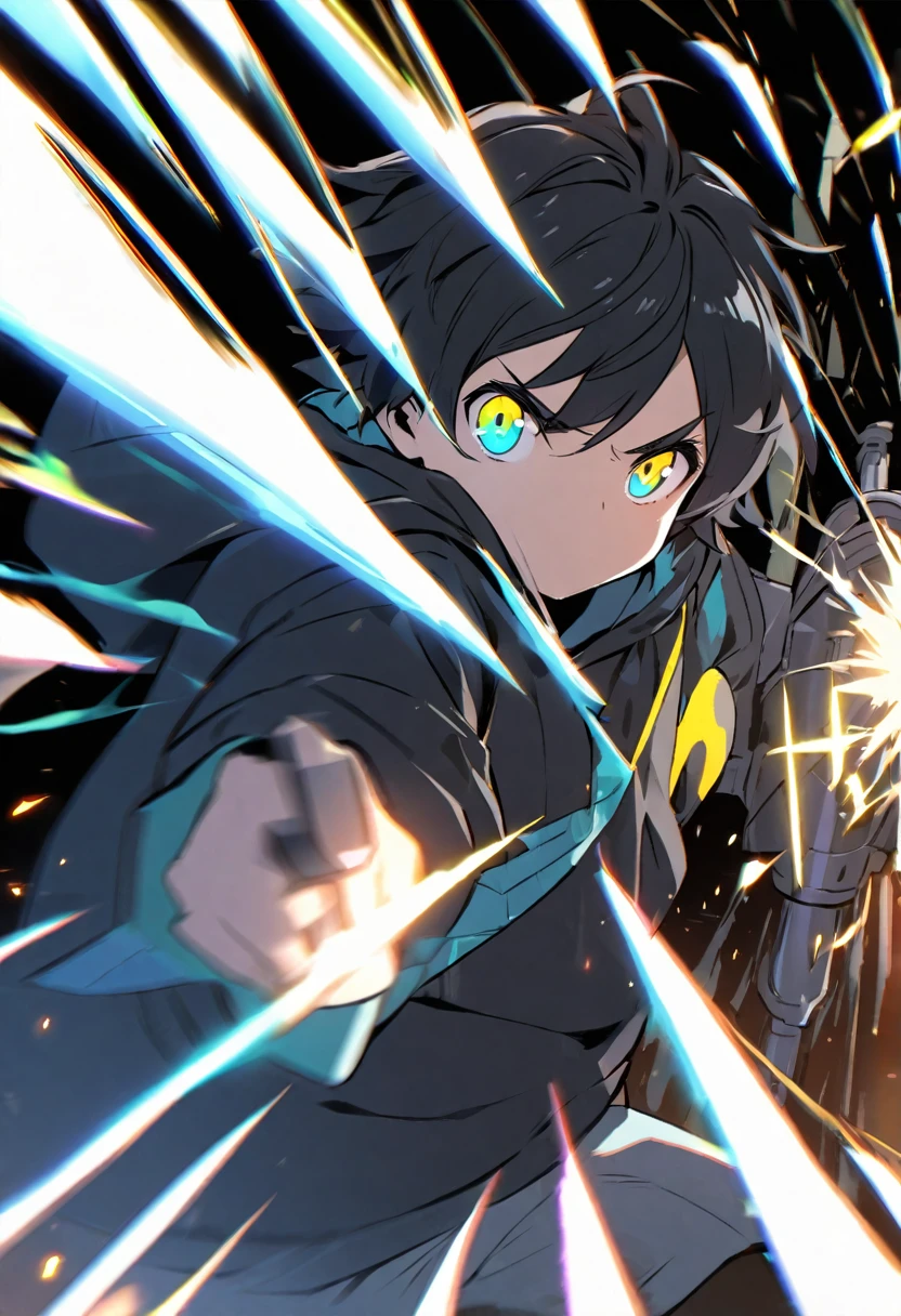 A boy of about 7 years old with black hair, cyan and yellow heterochromatic eyes, wearing a black hoodie, holding a black gunlance and firing a pale blue beam. Background: Broken window glass, sense of speed.