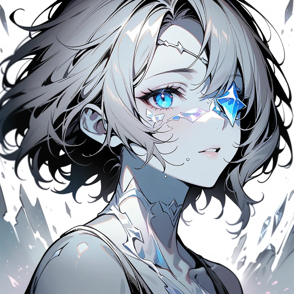 (masterpiece, best quality:1.2), 1girl, solo, Zoe, Re7 End of Zoe, porcelain skin, ivory hair, crystalline formations on skin, crystal over eye, white gemstones, monochrome, ethereal, angelic, serene expression, cinematic, detailed facial features, delicate features, translucent skin, glowing crystals