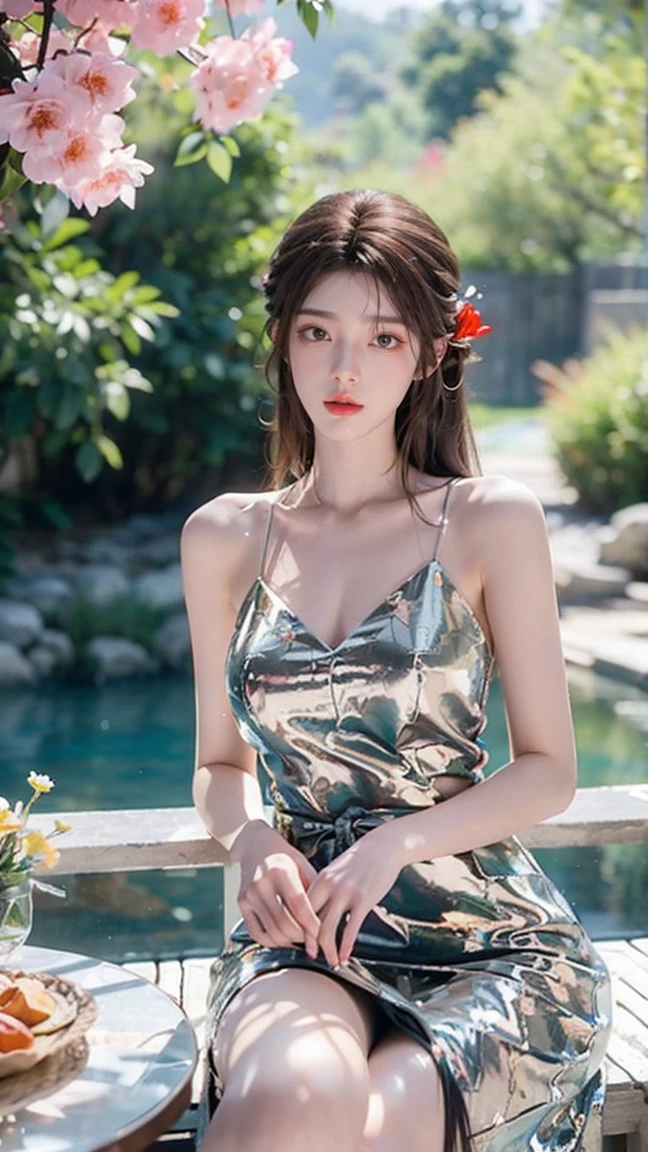 ((A 20-year-old beautiful woman sits comfortably at a table with her elbows bent forward.......))8K、An ultra-high picture quality、Ultra-realistic details、3d rendered、Raw photography、slender and large、white see-through dress with plunging neckline、Beautiful flowers on the background々garden with flowers.、Blur the background、Dazzling sunlight、Professional photographer photography、