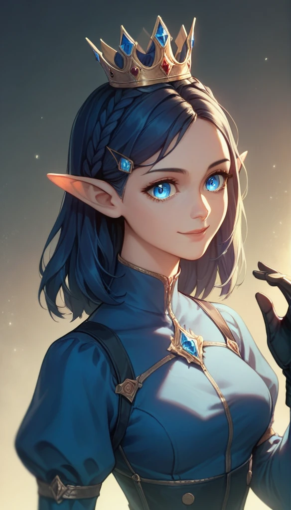 High resolution, Very detailed, perfect lighting, beautiful detailed eyes, ((masterpiece,Best Quality)), absurdities, Alone, alita, crown braid, Hair clip, pointy ears, blue shirt, long sleeves, Gloves without fingers, black gloves, Black pants, tight pants, smile, curves, nod, ,