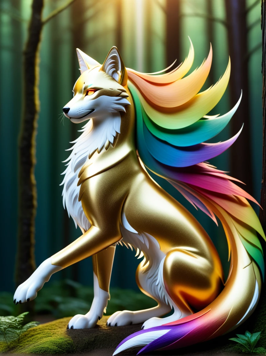 A luminous, technologically-enhanced kitsune deity bathed in a golden glow, adorned with intricate, nature-inspired cybernetic enhancements. This concept art is a stunning digital painting, showcasing the fusion of ancient myth and futuristic technology. The kitsune's sleek, metallic tails gleam with rainbow hues, while ethereal forest spirits swirl around her in a dance of light and shadow. The level of detail and vibrant color palette make this image a truly mesmerizing work of art.