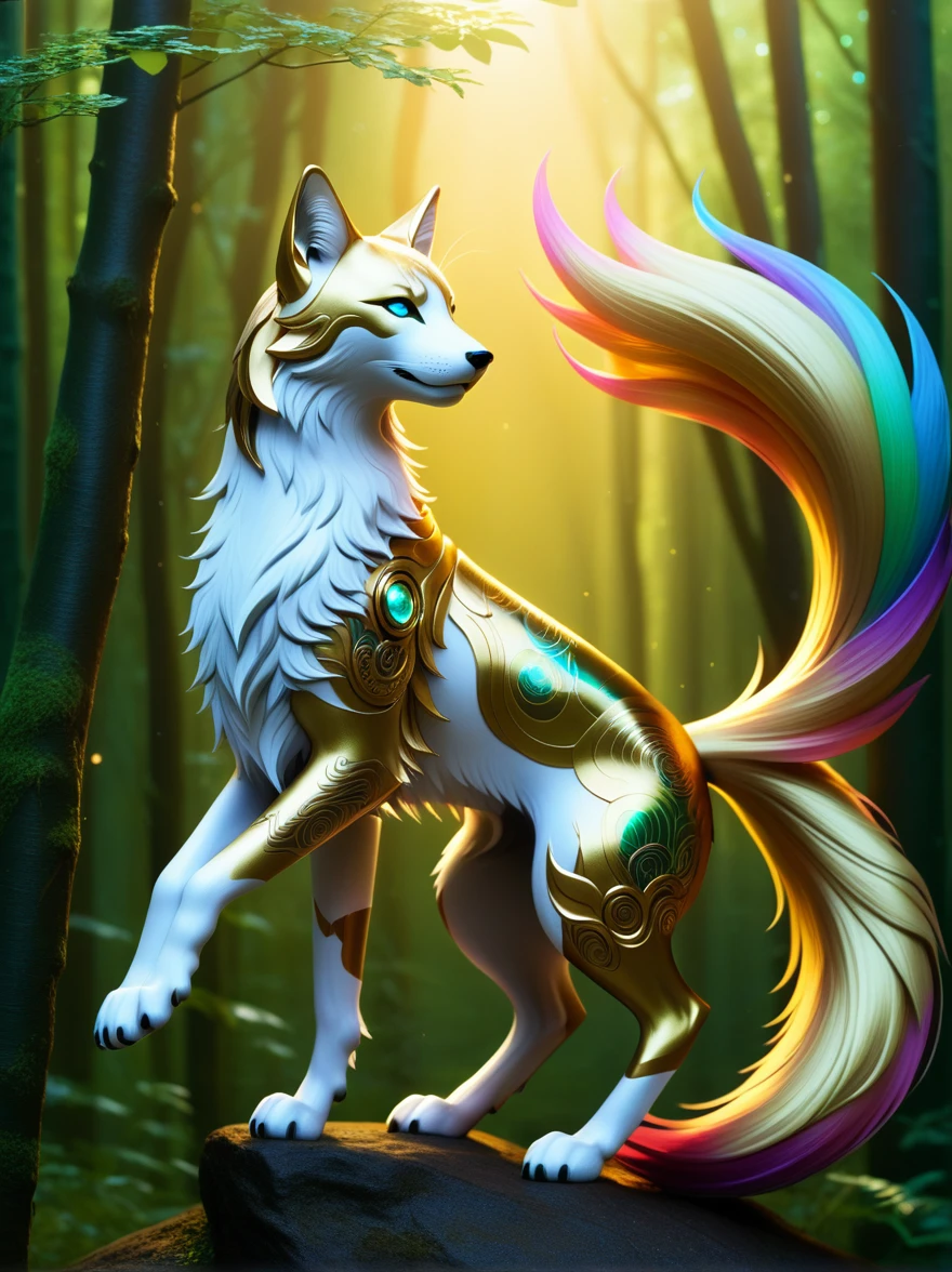 A luminous, technologically-enhanced kitsune deity bathed in a golden glow, adorned with intricate, nature-inspired cybernetic enhancements. This concept art is a stunning digital painting, showcasing the fusion of ancient myth and futuristic technology. The kitsune's sleek, metallic tails gleam with rainbow hues, while ethereal forest spirits swirl around her in a dance of light and shadow. The level of detail and vibrant color palette make this image a truly mesmerizing work of art.