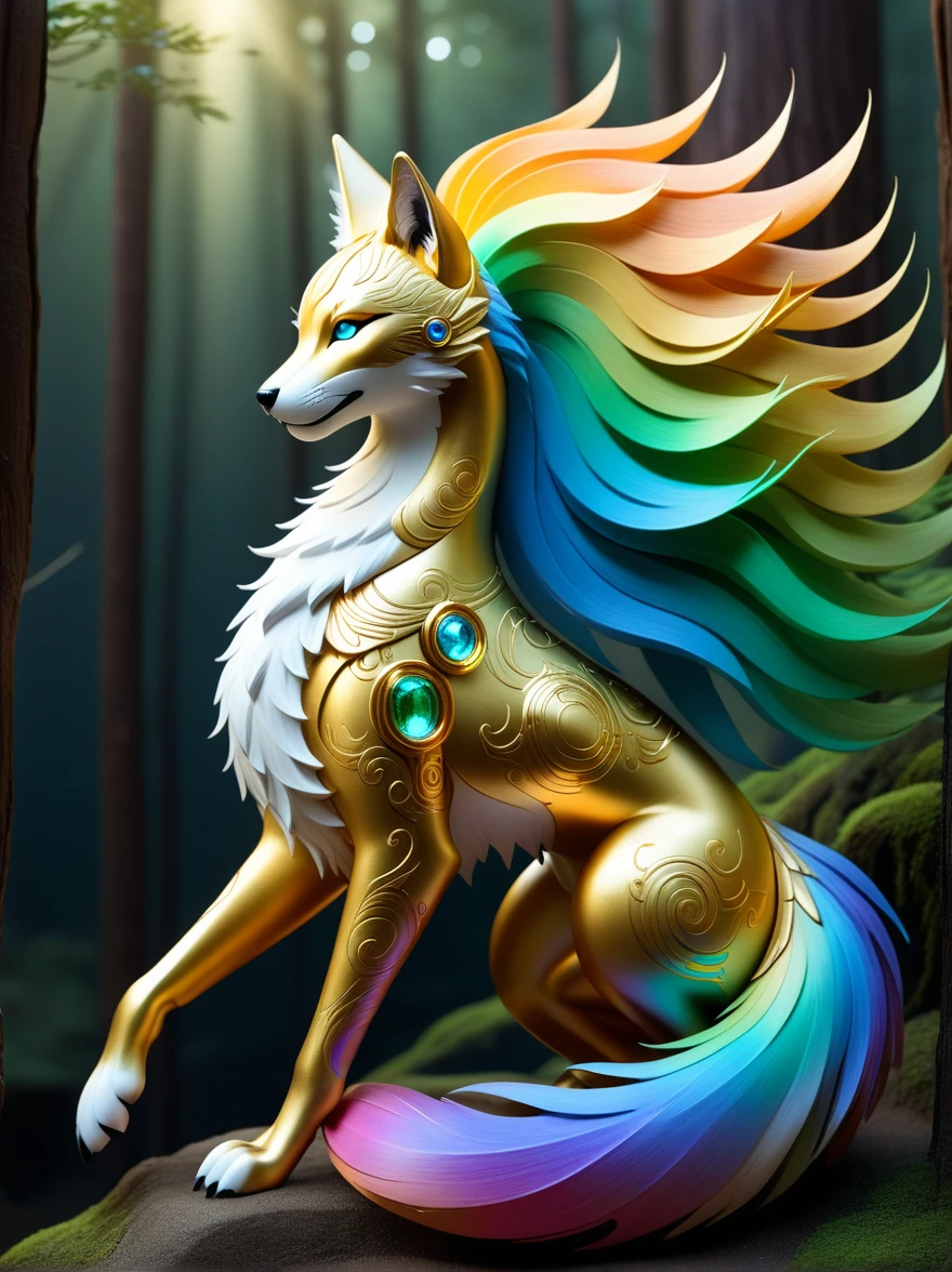 A luminous, technologically-enhanced kitsune deity bathed in a golden glow, adorned with intricate, nature-inspired cybernetic enhancements. This concept art is a stunning digital painting, showcasing the fusion of ancient myth and futuristic technology. The kitsune's sleek, metallic tails gleam with rainbow hues, while ethereal forest spirits swirl around her in a dance of light and shadow. The level of detail and vibrant color palette make this image a truly mesmerizing work of art.