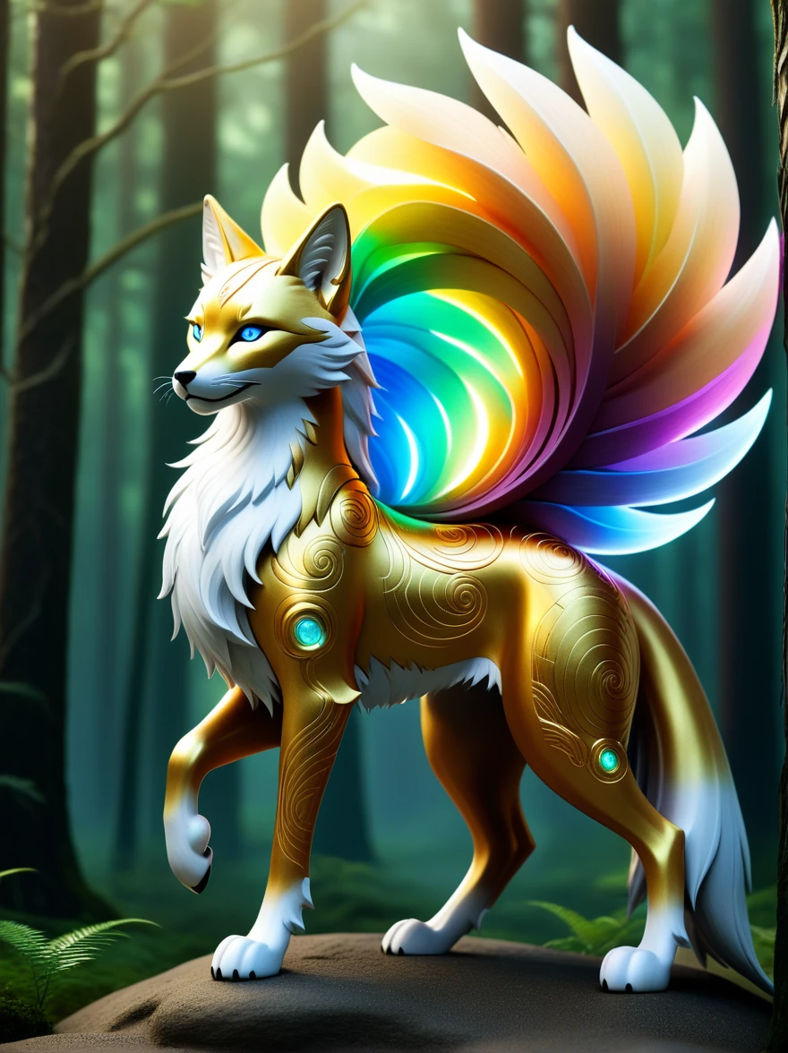 A luminous, technologically-enhanced kitsune deity bathed in a golden glow, adorned with intricate, nature-inspired cybernetic enhancements. This concept art is a stunning digital painting, showcasing the fusion of ancient myth and futuristic technology. The kitsune's sleek, metallic tails gleam with rainbow hues, while ethereal forest spirits swirl around her in a dance of light and shadow. The level of detail and vibrant color palette make this image a truly mesmerizing work of art.