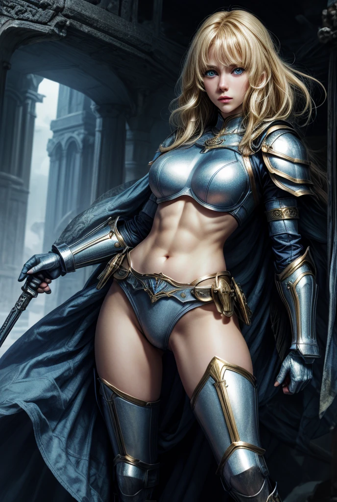 1girl, solo, masterpiece, high quality, full length, paladin, fantasy, blonde hair, medieval armour, angelic, blue eyes, midriff, legs, perfect body, perfect face, muscular, abs