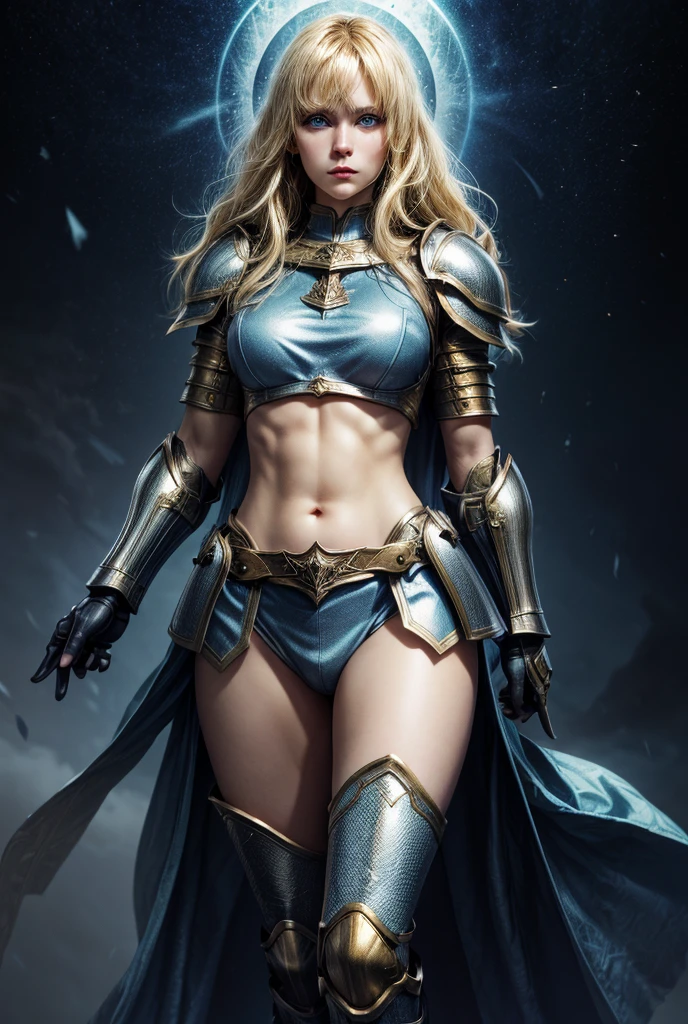 1girl, solo, masterpiece, high quality, full length, paladin, fantasy, blonde hair, medieval armour, angelic, blue eyes, midriff, legs, perfect body, perfect face, muscular, abs