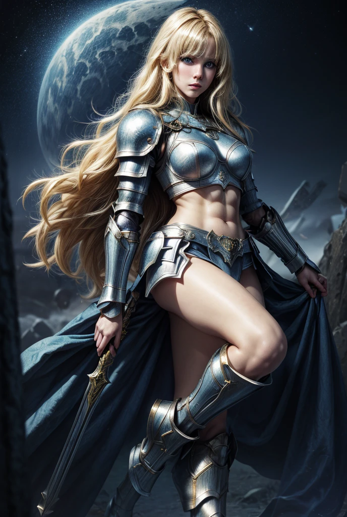 1girl, solo, masterpiece, high quality, full length, paladin, fantasy, blonde hair, medieval armour, angelic, blue eyes, midriff, legs, perfect body, perfect face, muscular, abs
