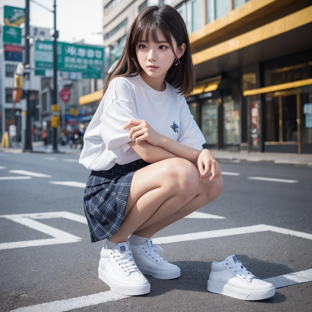 (masterpiece,Highest quality,Very detailed:1.6),whole body,, (alone,One Girl,Beautiful attention to detail:1.2),, city,street,Thick legs, Squat, Natural Pantyhose, Vans Sneakers,One girl,shirt,Pleated skirt, , Sitting, whole body, (Zhou Haoguang:1.3),(Structure of the film:1.3),(Neon Light:0.1),(High resolution:0.1),Accent lighting, White Pantyhose,