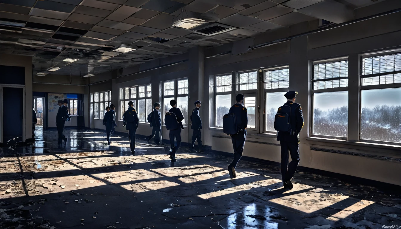 The faint glow of street lamps The cold night air seeped through the cracked window, carrying distant echoes of footsteps and the occasional murmur of radio chatter from the officers on duty. From his vantage point, the school students walking out of school, Landscape, HDR, High Detailed, dark room. school. beautiful clean school. students getting ready to head home.