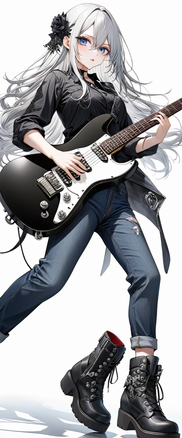 (((White background:1.2)))、(((Composition from afar:1.5))),(((full body:1.2))),Masterpiece、Ultra HD、Swedish metal rock girl playing a black electric guitar, Gothic makeup, Intricate details, Highly detailed eyes, Long silver hair、(Black shirt and jeans)、Intricate details、(((Dynamic pose:1.5)))、Wear black boots、Ultra-detailed image quality、(((Playing guitar:1.2)))