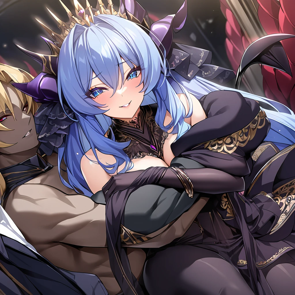 ((Highest quality)), ((masterpiece)), (detailed), （Perfect Face）、The woman is hugging and kissing the great evil demon king man、The woman is a beautiful, jet-black female demon, the queen of evil, Devil Extia, with medium-long blue hair, wearing a luxurious black wedding dress with gold embroidery and trim, a black wedding veil, an engagement ring, and luxurious accessories. She is an elegant, beautiful female demon, the queen of evil.、A great demon with jet black skin, impressive devil horns, devil wings and a devil tail.、The woman looks happy、The man is a great and powerful demon king, favored by the majestic demons.