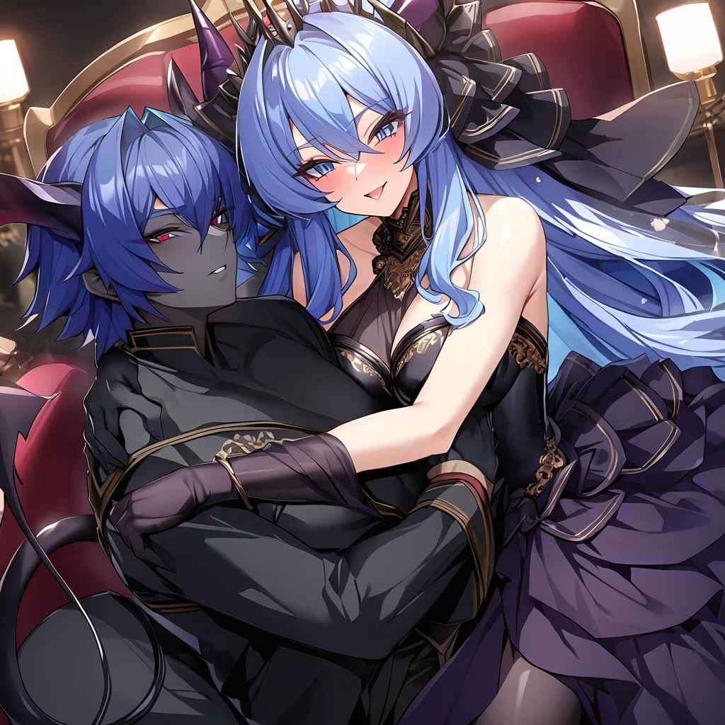 ((Highest quality)), ((masterpiece)), (detailed), （Perfect Face）、The woman is hugging and kissing the great evil demon king man、The woman is a beautiful, jet-black female demon, the queen of evil, Devil Extia, with medium-long blue hair, wearing a luxurious black wedding dress with gold embroidery and trim, a black wedding veil, an engagement ring, and luxurious accessories. She is an elegant, beautiful female demon, the queen of evil.、A great demon with jet black skin, impressive devil horns, devil wings and a devil tail.、The woman looks happy、The man is a great and powerful demon king, favored by the majestic demons.