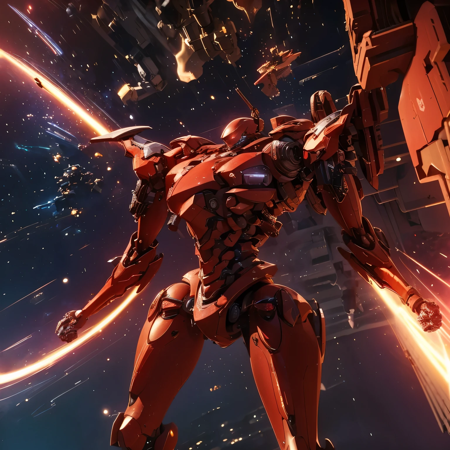 (work of art, best qualityer:1.5)Blood red mech with beige accents. With structure made of animal bones, vivid red eyes, fit the tribal appearance and average body. He carried with him a spear made of bones with red details.. Extremely detaild, intricate, 8k, HDR, naturallight, cinematic lighting, (Space battlefield:1.5), masterpiece-anatomy-perfect, ultra HD, Space Combat, Battlefield, Unreal Engine, RAW photo, metallic, professional, ultra-fine painting, perfect body proportions, anatomically correct, uhd, real texture material, Anti-Aliasing, FKAA, TXAA, RTX, SSAO, Post Processing, Post Production, Tone Mapping, CGI, VFX, SFXHyper maximalist, Volumetric, ultra photorealultra-detailed intricate details.