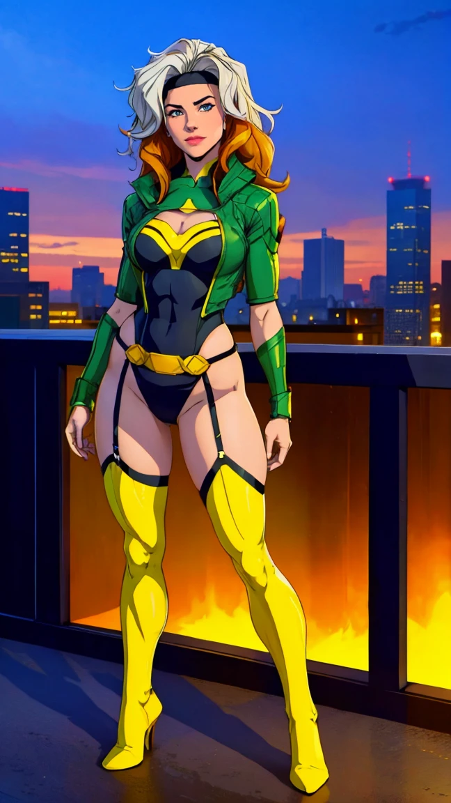 ((Full body photo, standing, feet on the floor)) (best quality,4k,8k,highres,masterpiece:1.2),ultra-detailed,(realistic,photorealistic,photo-realistic:1.37),full body shot,Rogue,X-Men,yellow thigh high boots,beauty pose, standing tall, show feet, outside, city rooftop at night, green headband