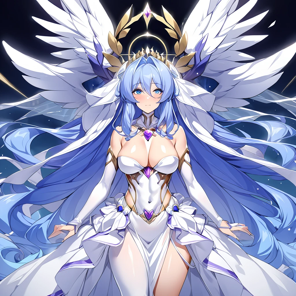((Highest quality)), ((masterpiece)), (detailed), (Perfect Face)、The woman is having her wedding in heaven with Zeus, the great, strong, bearded old man.、Women are messengers of God and great angels.6Archangel and goddess Extia with wings and a shining halo above her head.、The woman is the beautiful Queen of the Gods, Goddess Extia, with medium-long blue hair. She is wearing a gorgeous white wedding dress with gold embroidery and trim, a white wedding veil, an engagement ring, and gorgeous accessories. She is an elegant goddess and a beautiful queen of the gods.