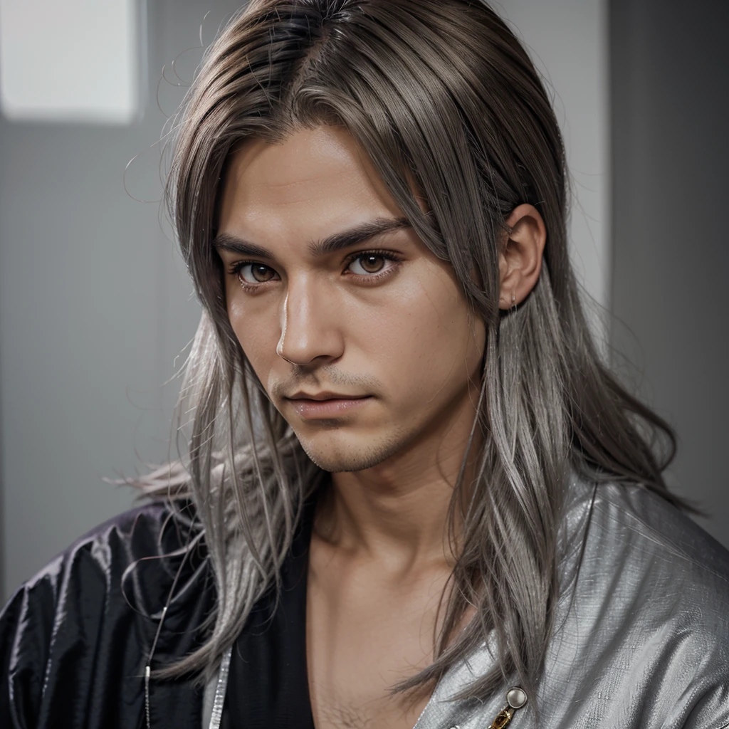 a guy portrait, anime style, adult male (silver hair brown eyes), royalty, prince, menacing aura