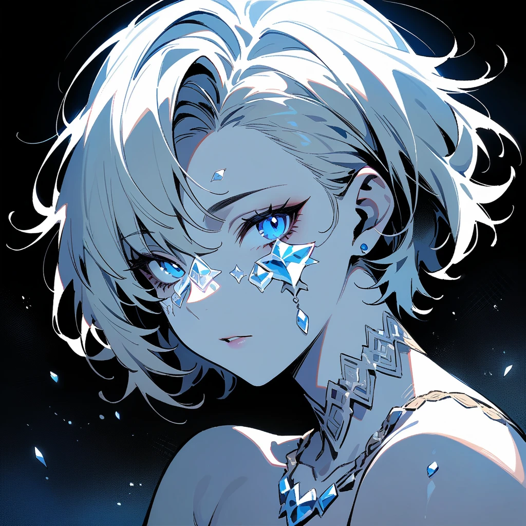 (masterpiece, best quality:1.2), 1girl, solo, Zoe, Re7 End of Zoe, porcelain skin, ivory hair, crystalline formations on skin, white crystal over eye, white gemstones, monochrome, ethereal, angelic, serene expression, cinematic, detailed facial features, delicate features, translucent skin, white crystals