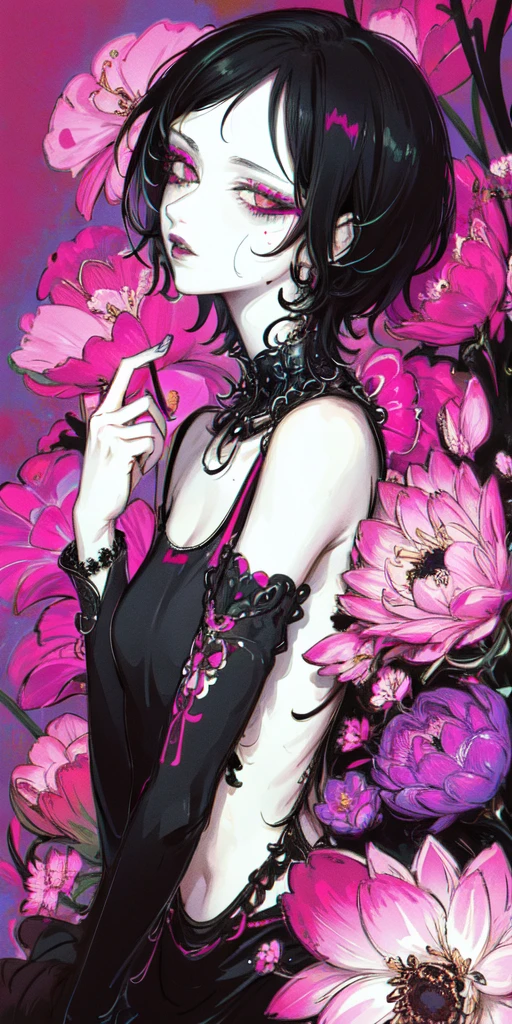 style by NTY, a woman, short black hair, punk, infected face, flowers, gothic, colorful background, cluttered,