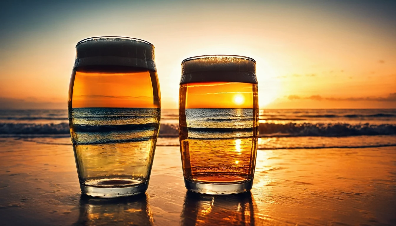 lovely double exposure image by blending together a sunset at the sea and a glass of beer. The sea should serve as the underlying backdrop, with its details subtly incorporated into the glossy glass of beer, sharp focus, double exposure, glossy glass of beer, (translucent glass figure of an beer) (sea inside) lifeless, dead, glass of beer, earthy colors, decadence, intricate design, hyper realistic, high definition, extremely detailed, dark softbox image, raytracing, cinematic, HDR, photorealistic (double exposure:1.1)