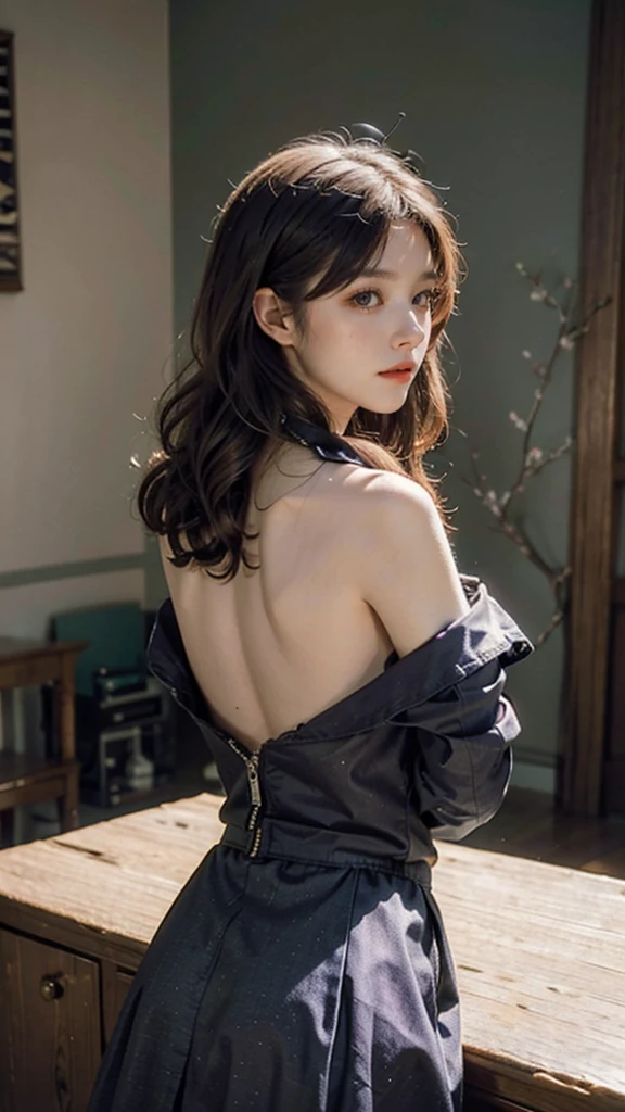 Detailed background, Masterpiece, best quality, 1 person , curly hair, long hair, purple eyes, star in sight , red strapless shirt, long skirt ,Turn your back and face down.