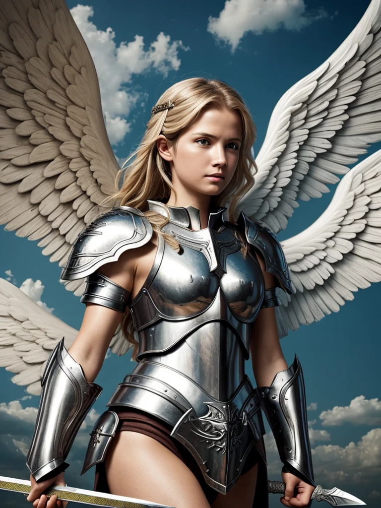 strong angel with heavenly armor, with shield sword, seven wings, ready for battle  