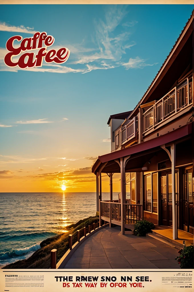 Advertising poster for a cafe by the sea at sunset