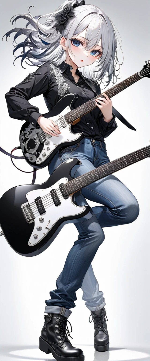 (((White background:1.2)))、(((Composition from afar:1.5))),(((full body:1.2))),Masterpiece、Ultra HD、Japanese anime rock girl playing a black electric guitar, Gothic makeup, Intricate details, Highly detailed eyes, Long silver hair、(Black shirt and jeans)、Intricate details、(((Dynamic pose:1.5)))、Wear black boots、Ultra-detailed image quality、(((Playing guitar:1.2)))