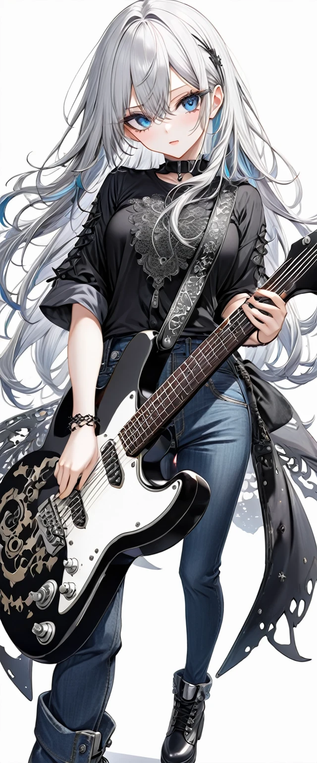 (((White background:1.2)))、(((Composition from afar:1.5))),(((full body:1.2))),Masterpiece、Ultra HD、Japanese anime rock girl playing a black electric guitar, Gothic makeup, Intricate details, Highly detailed eyes, Long silver hair、(Black shirt and jeans)、Intricate details、(((Dynamic pose:1.5)))、Wear black boots、Ultra-detailed image quality、(((Playing guitar:1.2)))